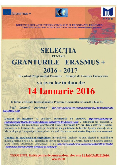 Afis selectie ERASMUS + 2016 - 2017